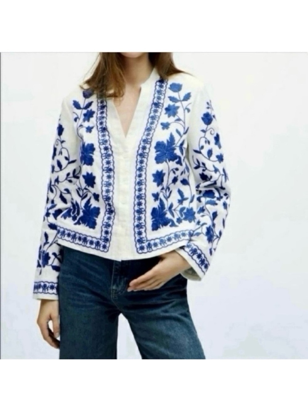 Zara Embroidered Linen Blend Overshirt Blue and White Boho Western Cowgirl